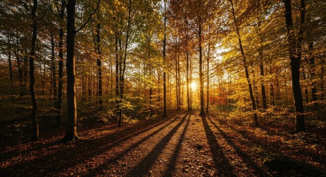 Autumn forest path bathed in golden sunlight