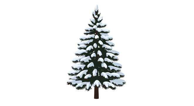 A digital illustration of a realistic-looking evergreen pine tree covered in snow on each of its levels of branches.
