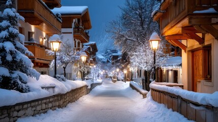 Winter night scene with snow covered street, glowing lanterns, and decorated houses for holiday atmosphere or seasonal greeting card design