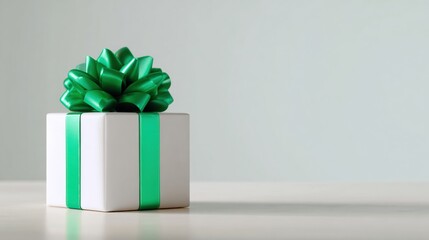 Small white gift box with a green ribbon tied around it. the ribbon is tied in a bow on top of the box, creating a neat and tidy appearance.
