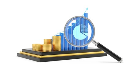 Magnifying glass focusing on a blue financial bar chart with a pie graph, placed next to stacks of golden coins, symbolizing business analysis, market growth, investment, and economic success