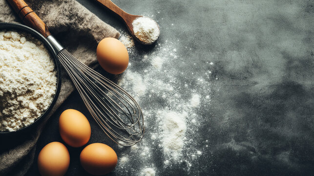 baking ingredients like flour, eggs, and whisk