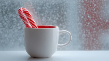 White mug with a red handle and a candy cane sticking out of it. the mug is sitting on a white surface with a blurred background of snowflakes.