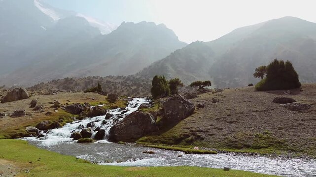 Mountain river in Fann mountains Pamir Alay range in Tajikistan