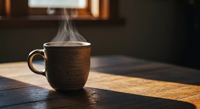 Steaming Coffee Mug on Wooden Table in Sunlight, Warm Drink Still Life