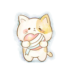 Watercolor illustration of a sad cat holding a bandaged heart, healing and emotional concept, copy space, transparent background