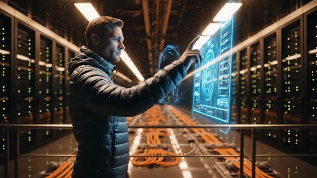 man stands in datacenter aisle among server rack and cable. hologram monitor displays technology dashboard. lighting lines run along rack and aisle creating orderly facility layout. system alarm