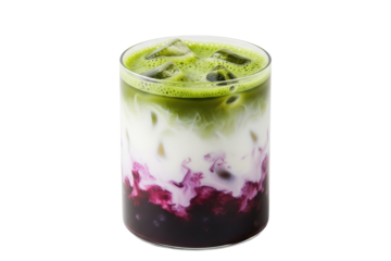 blueberry matcha latte layered iced drink with blueberry puree milk swirl and matcha tea in a clear glass