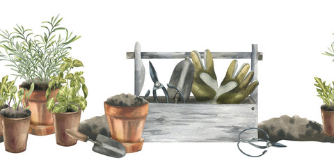 Eco gardening watercolor seamless border with home herb plants basil,rosemary sprouts,flower pots and tools in wooden tub. Hand drawn rustic life clipart for green, hobby textile design. © Evgeniya