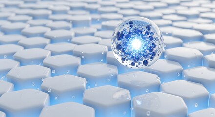 Microscopic skincare molecule or cell with a glowing core above a patterned honeycomb or fiber surface representing science