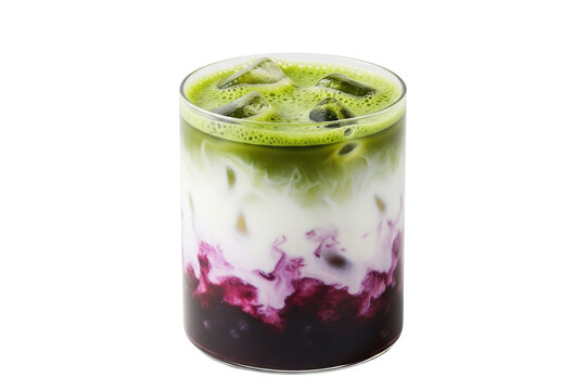 blueberry matcha latte layered iced drink with blueberry puree milk swirl and matcha tea in a clear glass