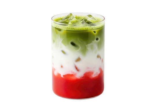 strawberry matcha latte &mdash; tri color iced green tea milk with strawberry puree in a clear glass