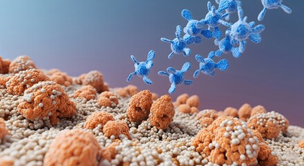 Microscopic T-cells or immunotherapies attacking orange cancer cells on human tissue representing oncology and advanced medical treatment research