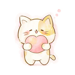 Watercolor illustration of a smiling cat holding a pink heart, love and happiness concept, copy space, transparent background
