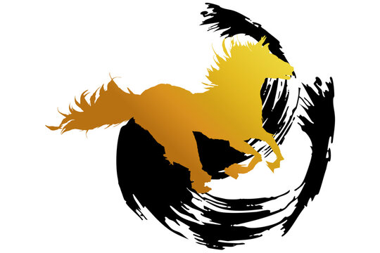 筆文字「迎春」と馬のシルエットイラスト／午年・年賀状・干支素材