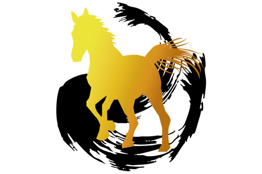 筆文字「迎春」と馬のシルエットイラスト／午年・年賀状・干支素材