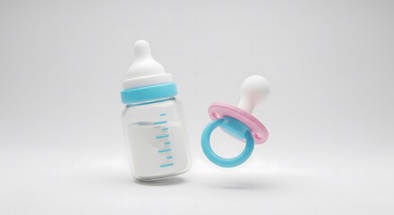 Minimalist 3D rendering of a baby bottle filled with milk and a floating pacifier or dummy with pink and blue accents, symbolizing newborn baby care, maternity, and childhood concepts