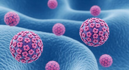 Microscopic three-dimensional visualization of Human Papillomavirus HPV floating near cell tissue representing medical research and disease awareness
