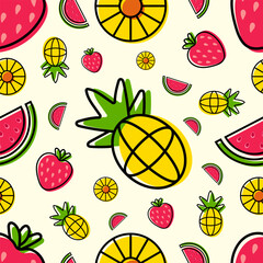 Fruit themed seamless pattern with colorful pineapple, orange, watermelon, and strawberry icons