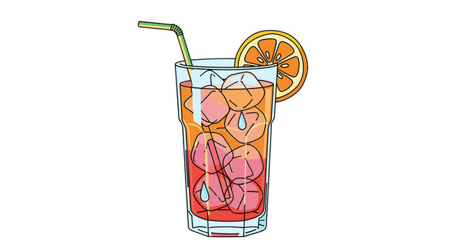 A refreshing vector drawing showcases a cool beverage, garnished with an orange slice and a colorful striped straw.