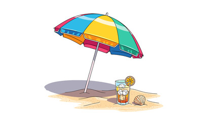 A vector 2D illustration of a beach scene with a colorful umbrella and a refreshing drink, perfect for relaxation.