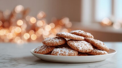 Plate of freshly baked cookies on a white marble countertop. the cookies are round and golden brown in color, with a dusting of powdered sugar on top.