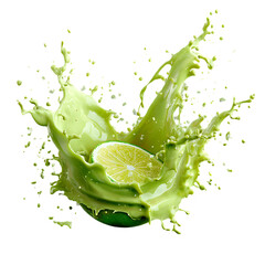 Stylized photorealistic splash of lime cocktail with ice and fruit elements.