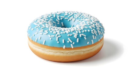 Perfectly glazed sweet donut with vibrant blue icing and white sprinkles placed in sharp focus on a clean white background for food advertising