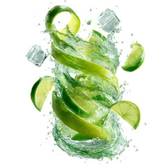 Photorealistic macro photograph of lime green drink splashing with ice cubes and lime slices.