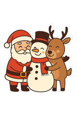 Fototapeta premium On a white background, Santa Claus, a snowman, and a deer stand together in an embrace, smiling