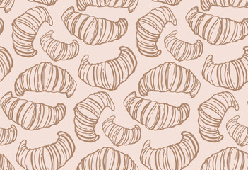 Hand drawn doodle pattern background with croissant. Croissant art for menu.