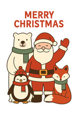 A Merry Christmas theme featuring Santa Claus and winter animals together in a flat vector illustration, suitable for banners, cards, and packaging