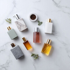 Elegant, minimalist flat lay of perfume bottles and natural elements on marble. Perfect for beauty, wellness, or spa concepts. Evokes luxury and sophistication.
