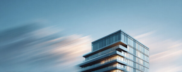 Sleek skyscraper against a blurred sky, symbolizing ambition, progress and modernity. Ideal for corporate communications, real estate or architectural projects.