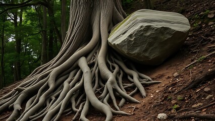 anchoring. Thick tree roots gripping a large rock on a forested hillside. ESG reports, sustainability campaigns, designed for sustainability communications and ESG reporting, used by radiologists.