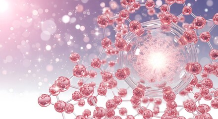 Pink molecular structure with a central glowing cell or atom and abstract bokeh lights for cosmetic science