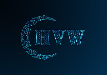 Low poly letter logo HVW design. HVW letter logo low poly vector design on blue color gradient background. HVW logo low poly design