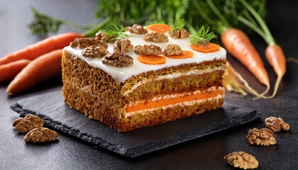 carrot cake with walnuts on dark stone