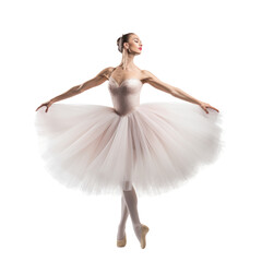 Graceful ballerina is captured in a classical ballet pose against a pure black studio background