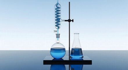 Precise 3D render of a distillation setup with a glass round-bottom flask and condenser column containing bright blue liquid in a laboratory