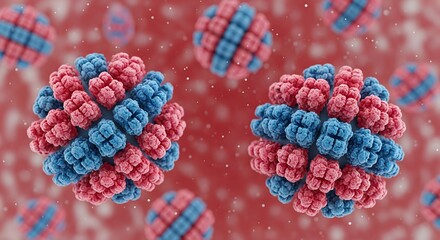 Powerful 3D render of adenovirus or rotavirus particles, spherical in shape with complex red and blue protein capsids, on a microscopic red background