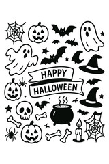 Fototapeta premium ハロウィン, ハロウィン素材, ハロウィンベクター, モノクロ, 白黒, 手描き, ベクター, 素材集, イラスト