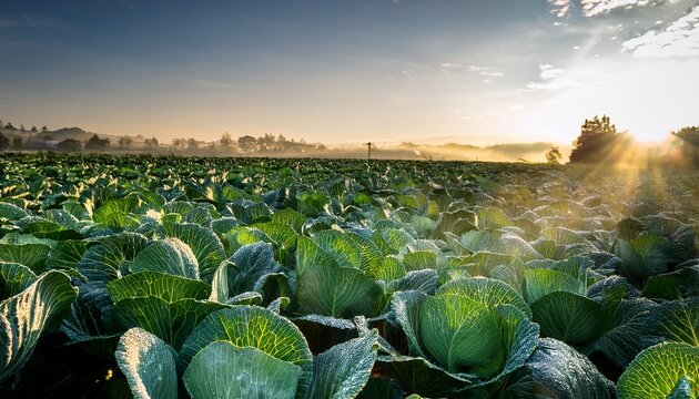 cabbage field with morning dew on green leaves
