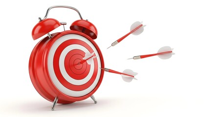 Red vintage alarm clock with a dartboard face being hit by multiple darts, symbolizing time management, deadline focus, and achieving business goals