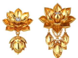 Elegant Gold Lotus Flower Earrings Bundle with Two Variations, Isolated on Transparent Background