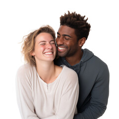 Close-up and candid portrait of a joyful couple. The woman, with wavy blonde-brown hair, crosses her arms and leans back, laughing with her eyes closed