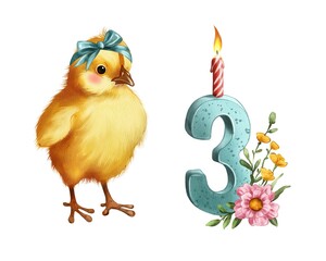 Cute chick stands next to a birthday candle and number three with flowers in a simple scene