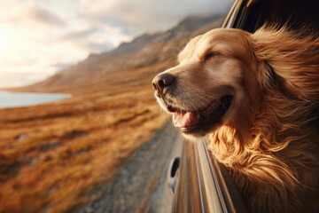Dogs traveling in car with heads out the window &ndash; joyful pet travel concept