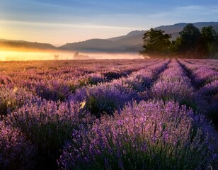 lavender field at sunrise with soft morning mist