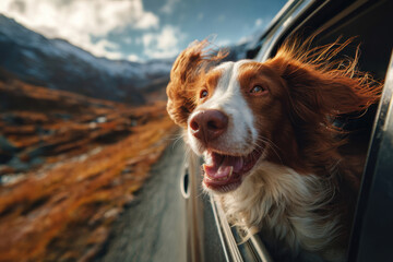 Dogs traveling in car with heads out the window &ndash; joyful pet travel concept